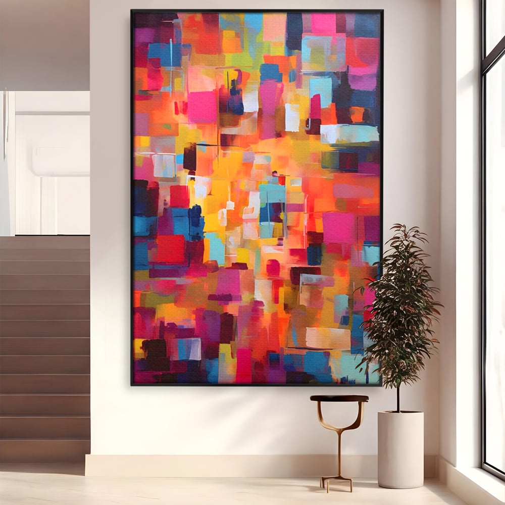 Tablou canvas cu pictura abstracta cu blocuri de culoare, in rama de aluminiu negru